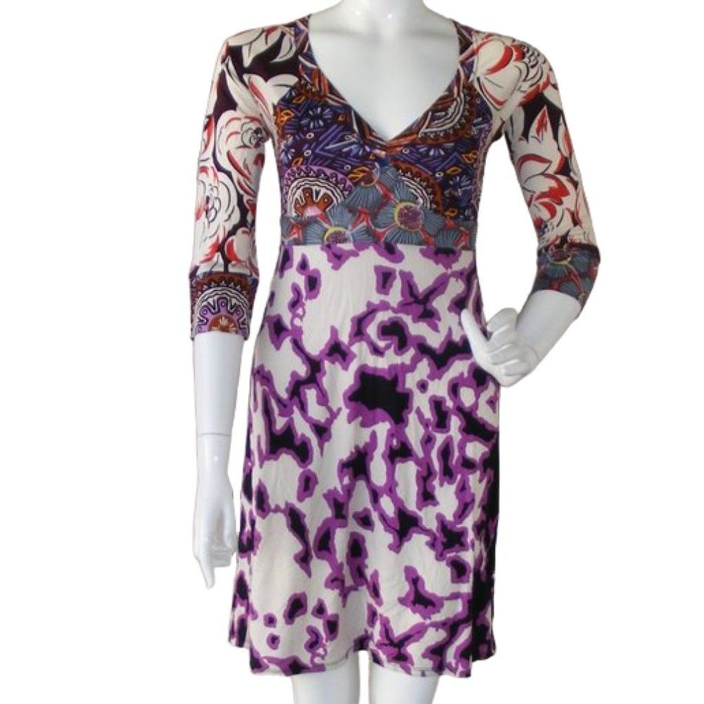 Hale Bob Silk Dress, Xs, Bold, 3/4 Sleeves, V-Neck, Purple/White, Raglan
